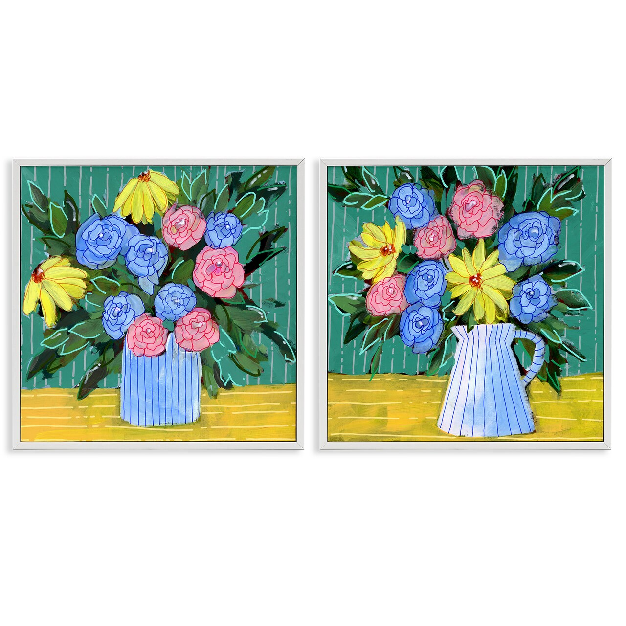 Stupell Industries Bright Flowers on Stripes 2pc Framed Giclee Wall Art Set Design by Regina Moore